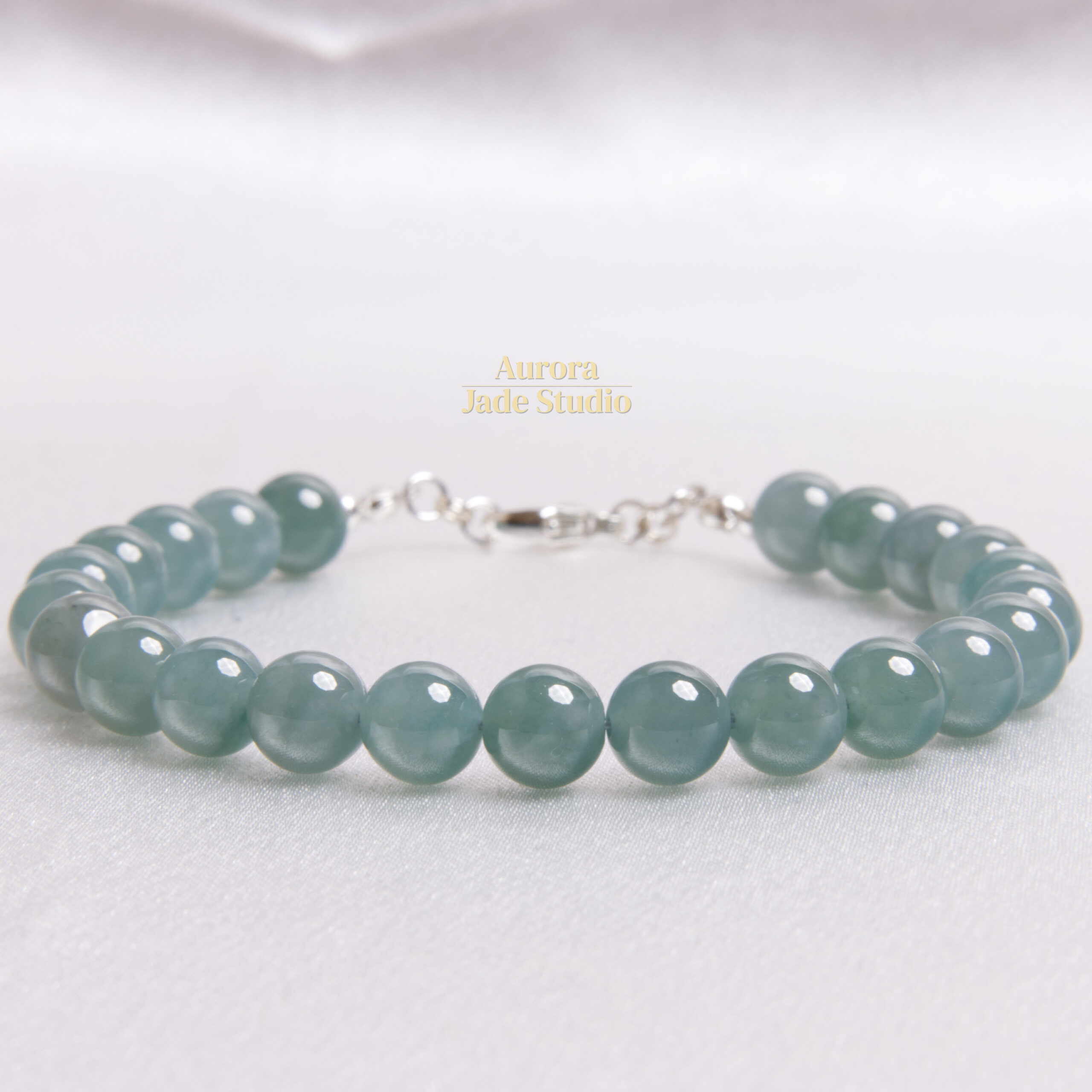 Sea-Green Type A Guatemalan Jadeite Bracelet, 8 mm Beads, Sterling Silver