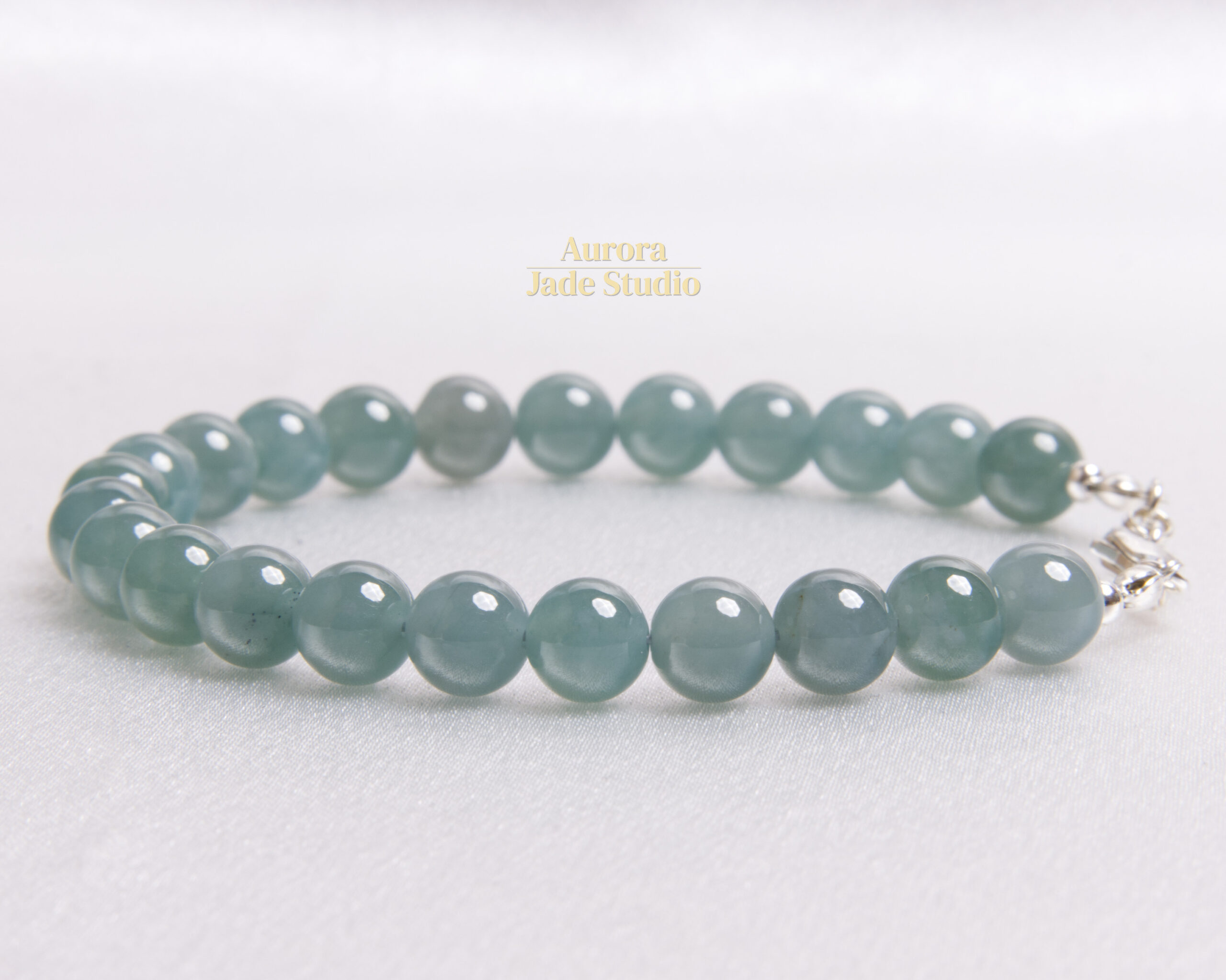 Sea-Green Type A Guatemalan Jadeite Bracelet, 8 mm Beads, Sterling Silver - Image 2