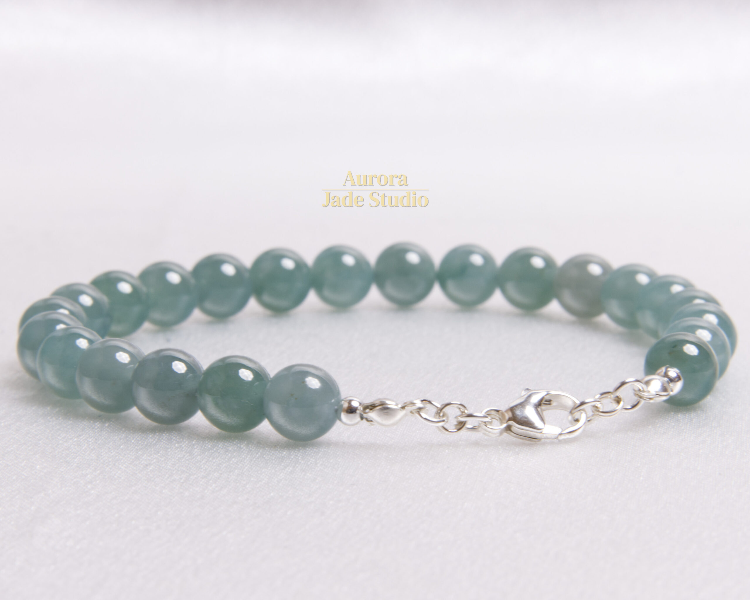 Sea-Green Type A Guatemalan Jadeite Bracelet, 8 mm Beads, Sterling Silver - Image 3