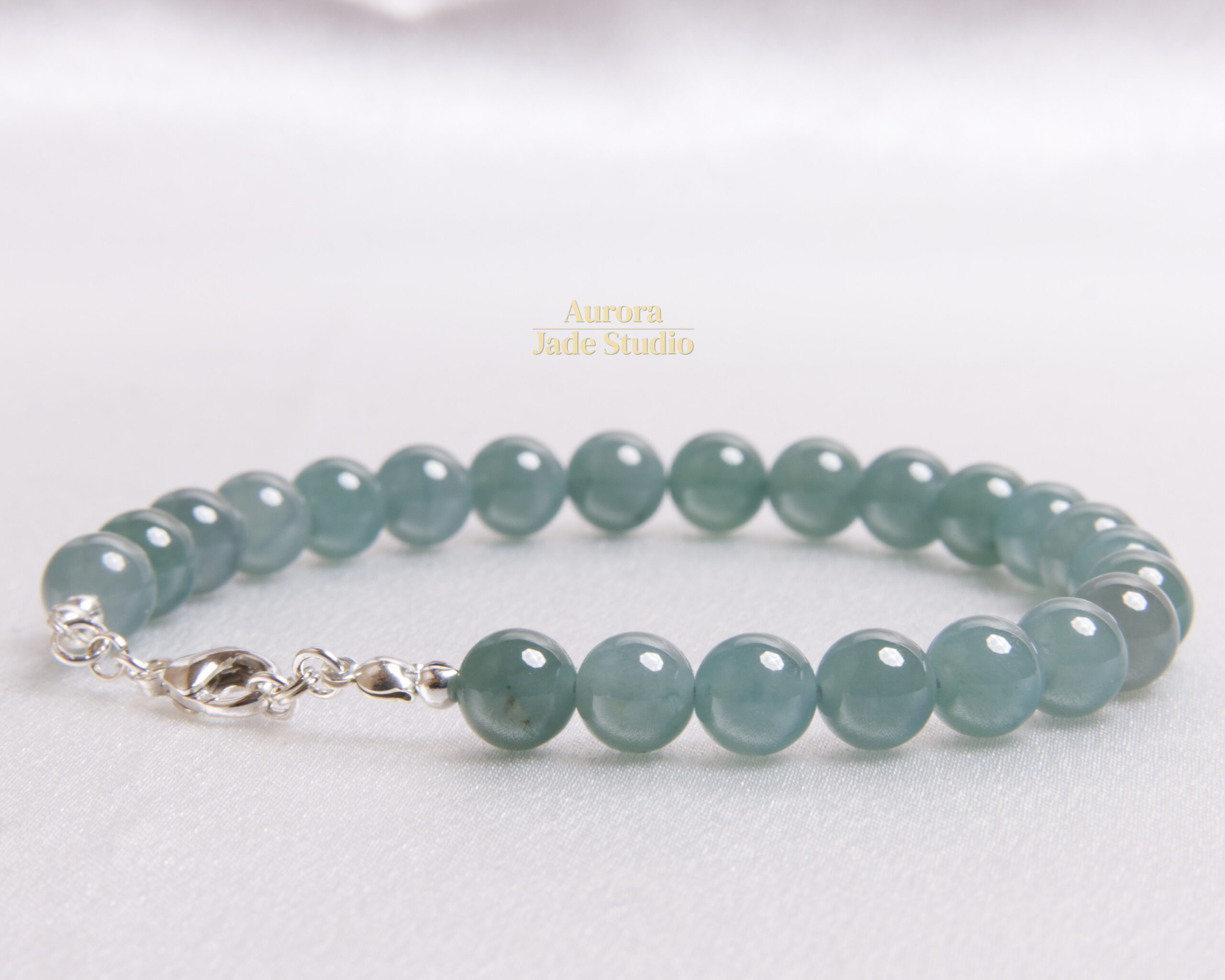 Sea-Green Type A Guatemalan Jadeite Bracelet, 8 mm Beads, Sterling Silver - Image 4