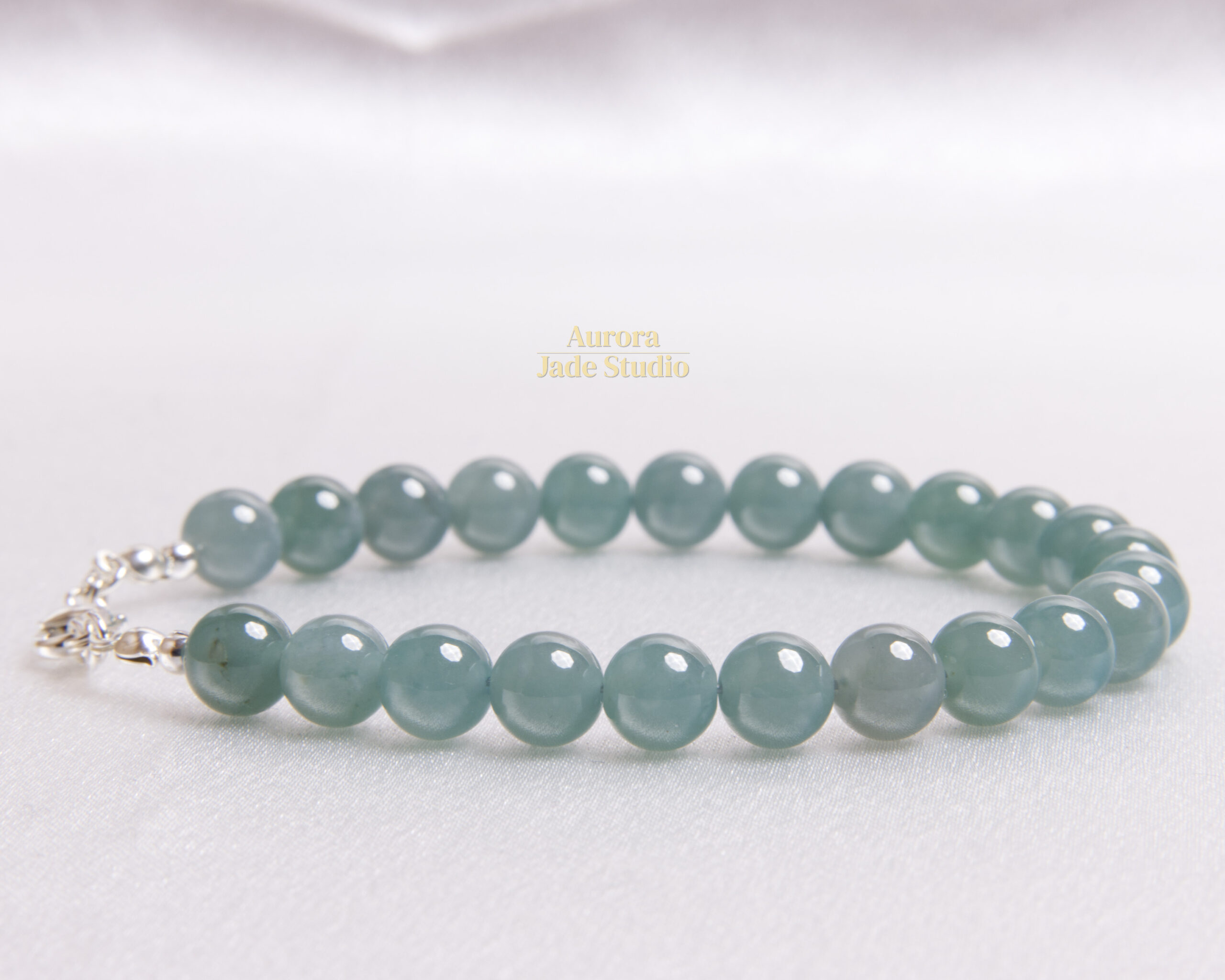 Sea-Green Type A Guatemalan Jadeite Bracelet, 8 mm Beads, Sterling Silver - Image 5