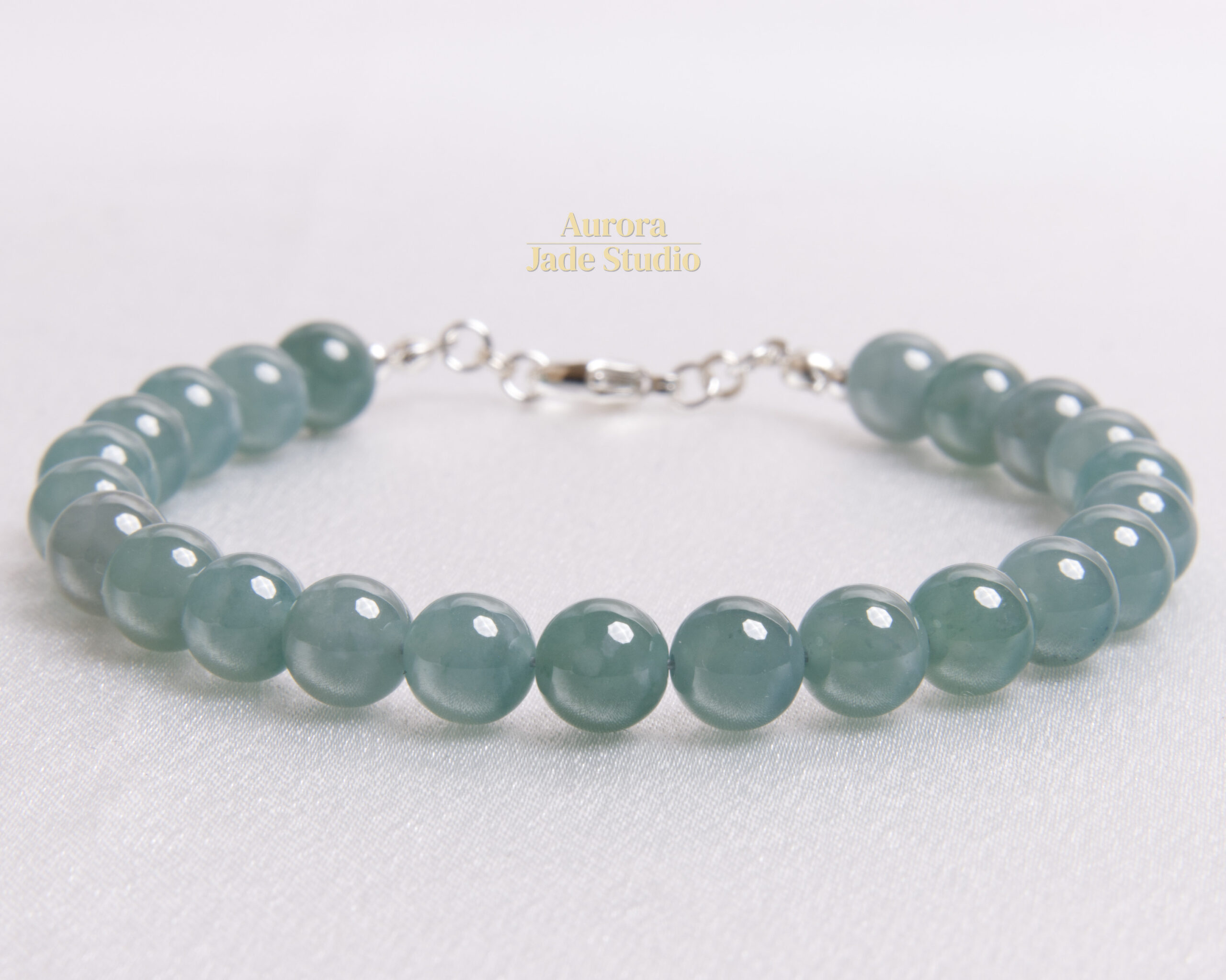 Sea-Green Type A Guatemalan Jadeite Bracelet, 8 mm Beads, Sterling Silver - Image 6