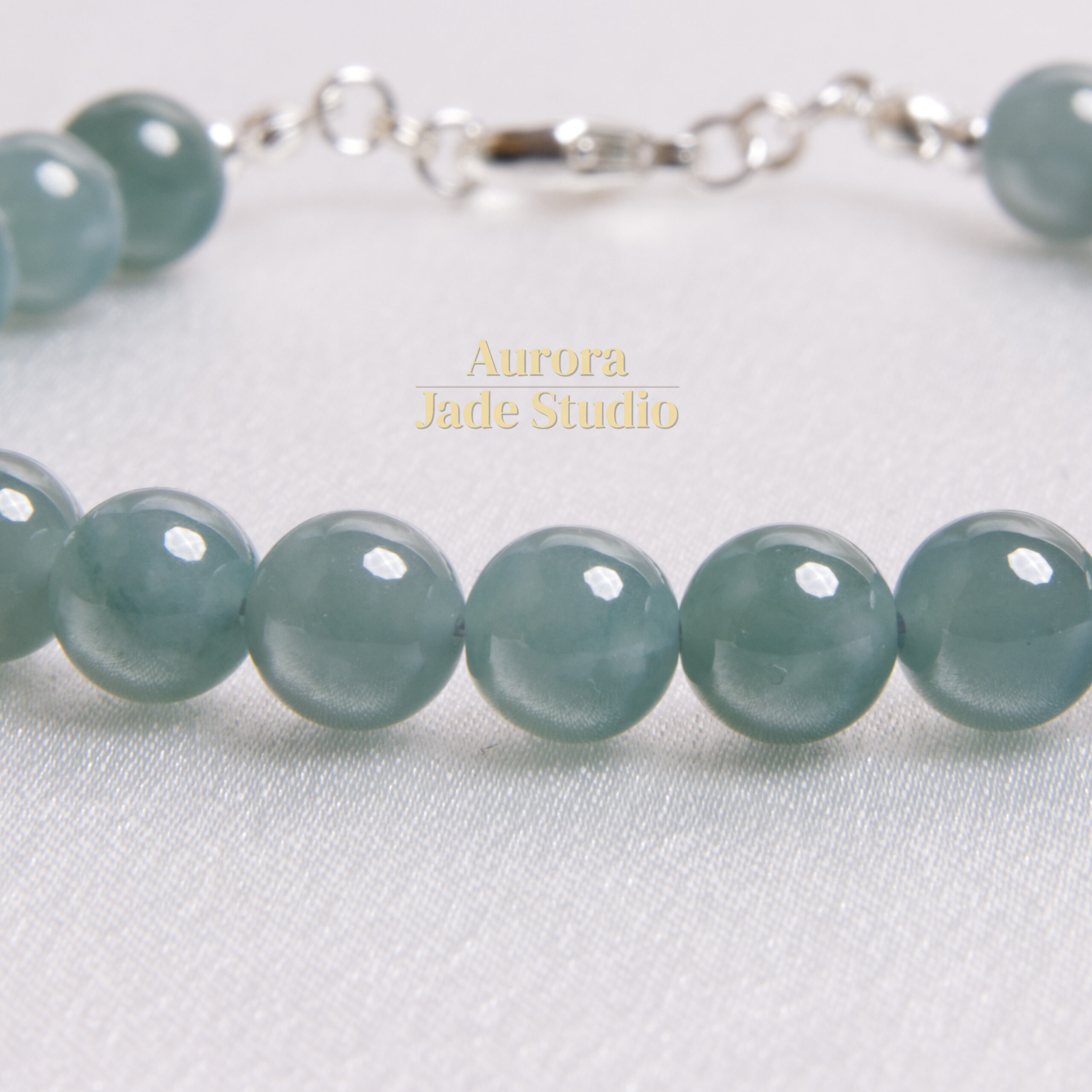 Sea-Green Type A Guatemalan Jadeite Bracelet, 8 mm Beads, Sterling Silver - Image 7