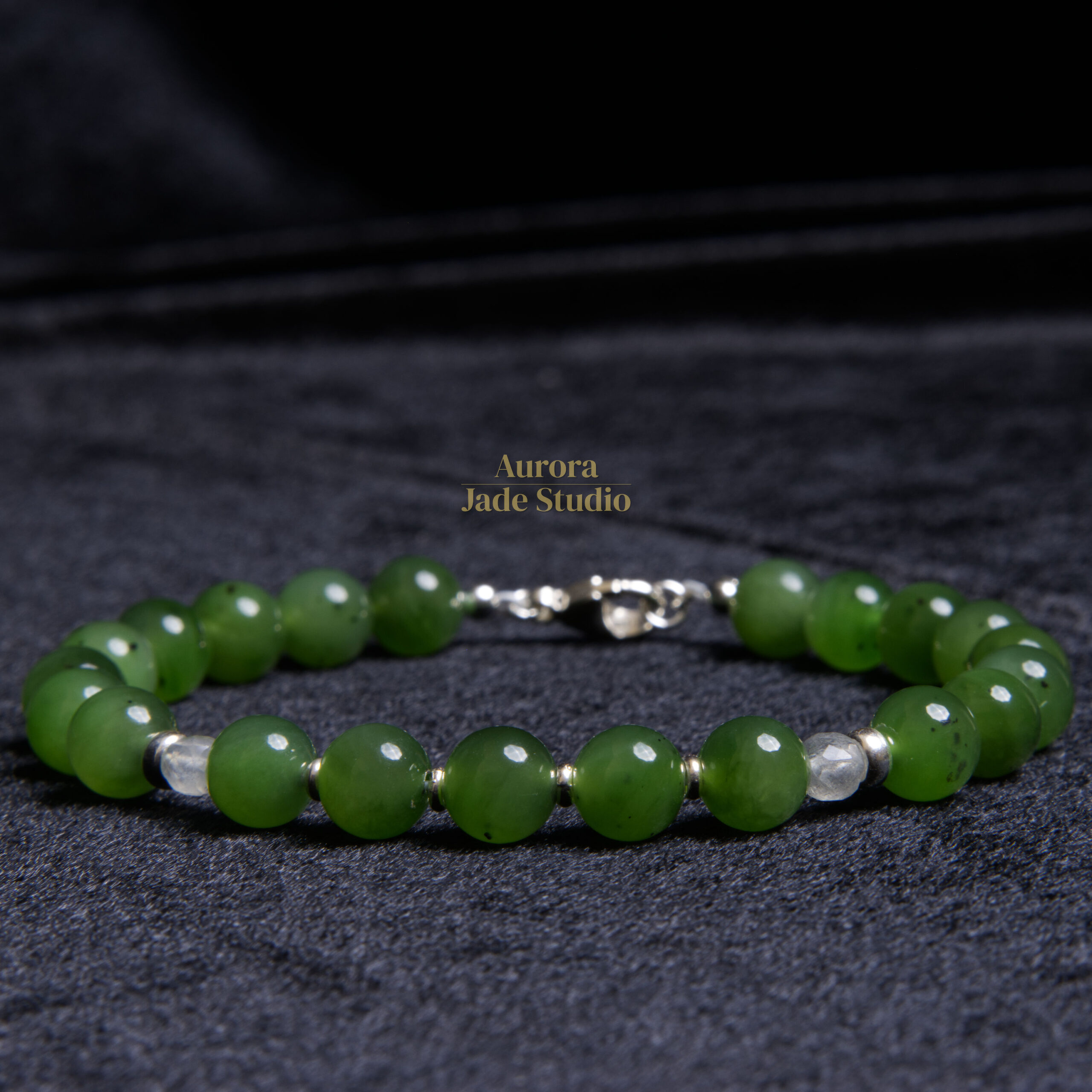 Siberian Nephrite Jade Bracelet with Labradorite & Sterling Silver – 8mm