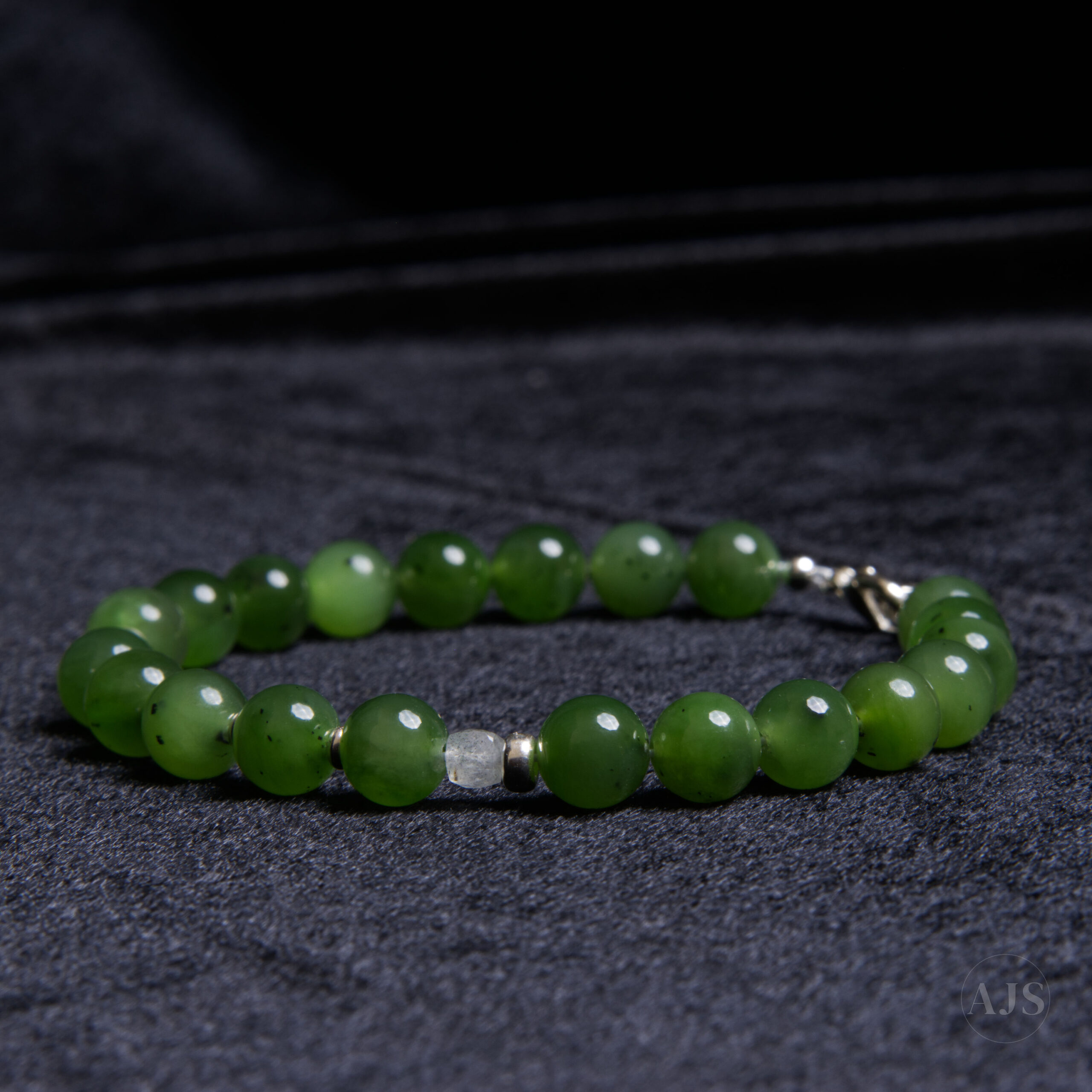 Siberian Nephrite Jade Bracelet with Labradorite & Sterling Silver – 8mm - Image 3