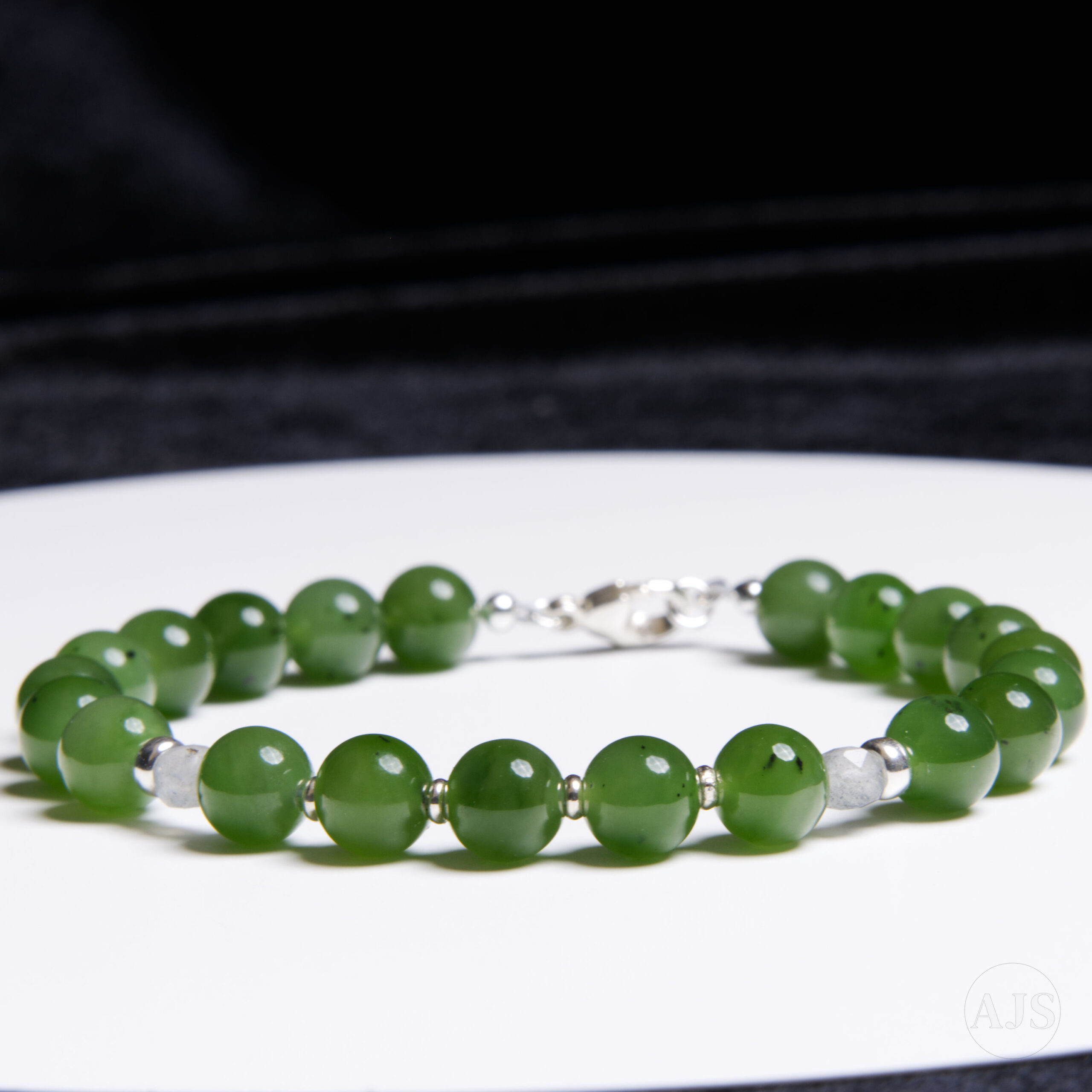 Siberian Nephrite Jade Bracelet with Labradorite & Sterling Silver – 8mm - Image 7