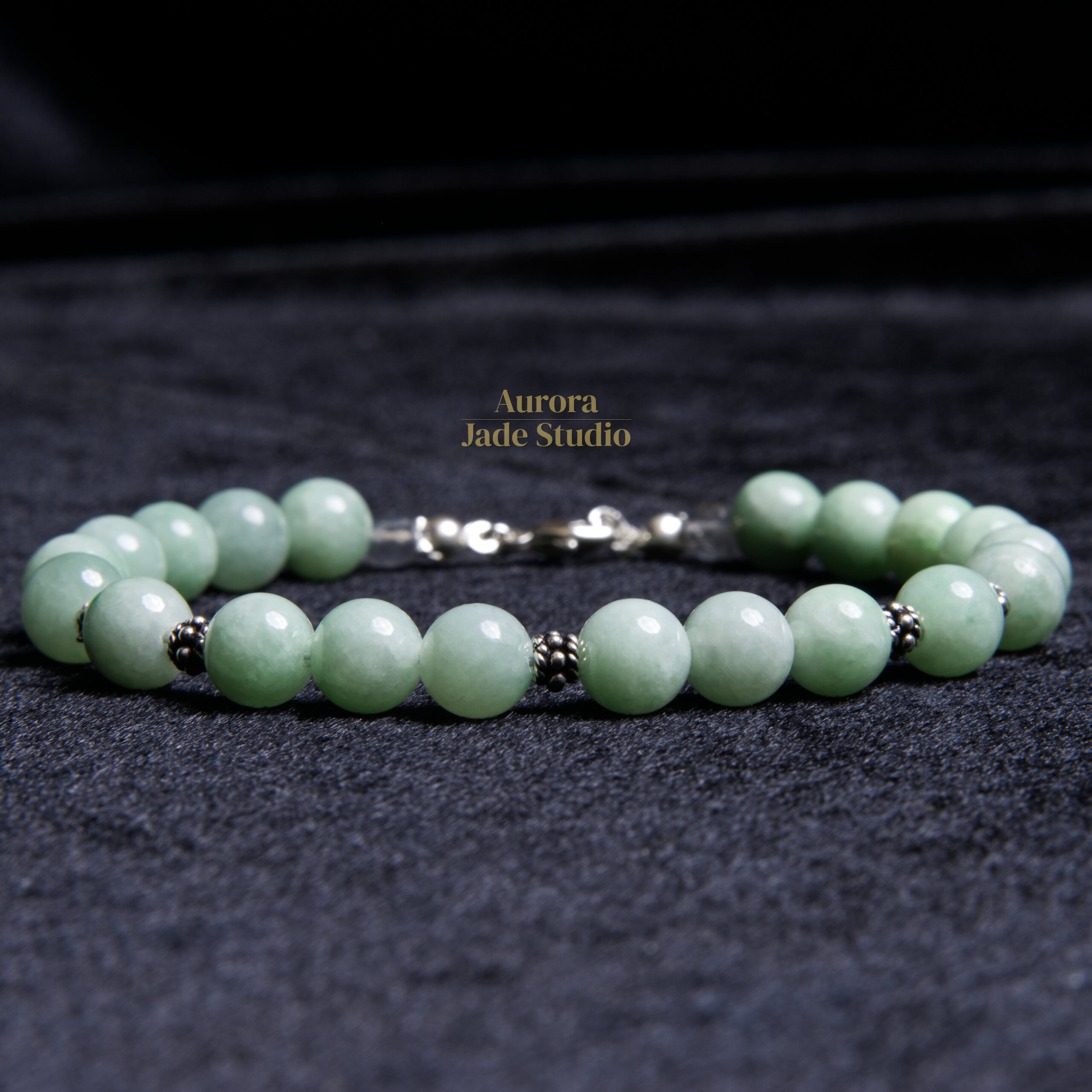 Type A Burmese Jadeite Bracelet – Mint Green 7.7mm with Sterling Silver & Labradorite