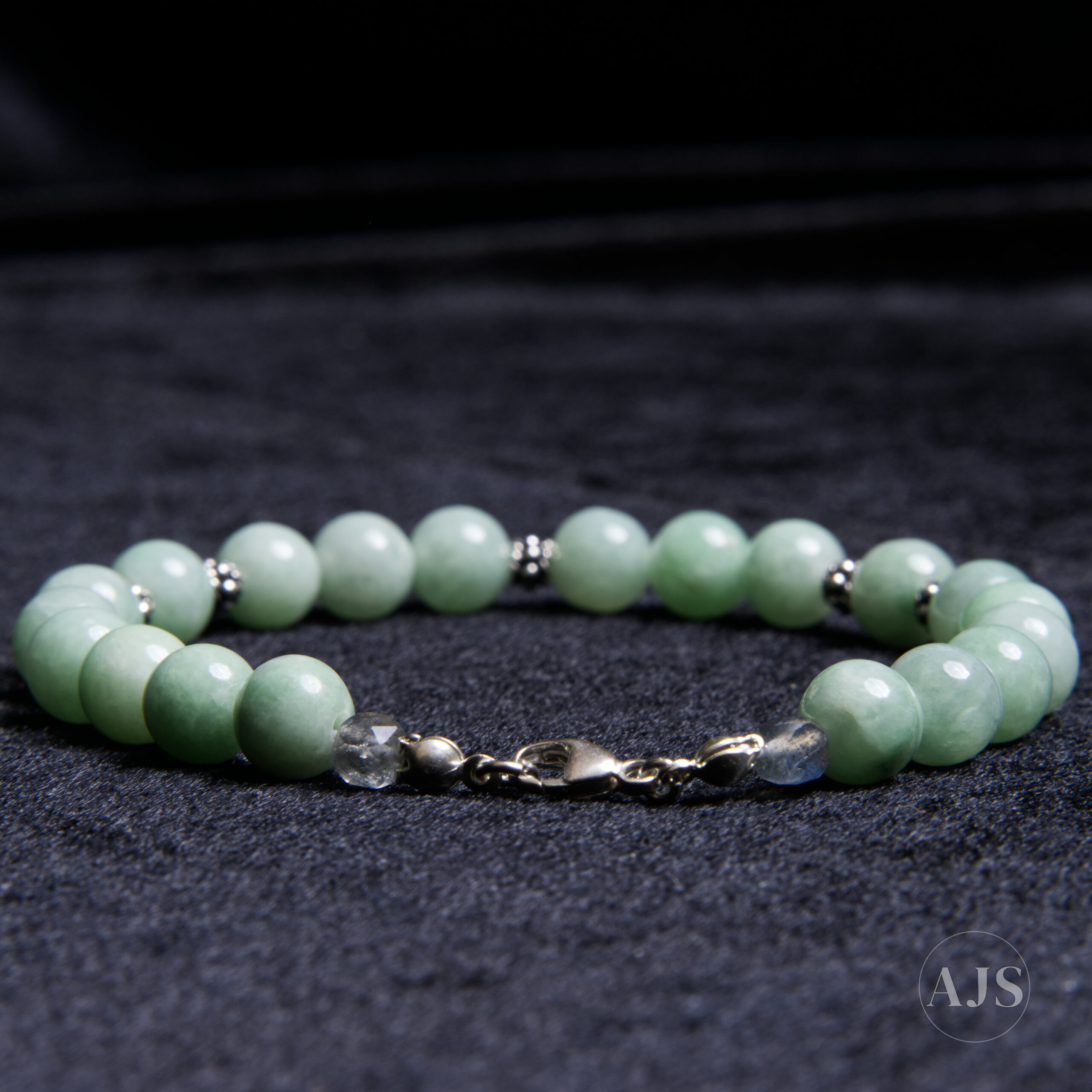 Type A Burmese Jadeite Bracelet – Mint Green 7.7mm with Sterling Silver & Labradorite - Image 3