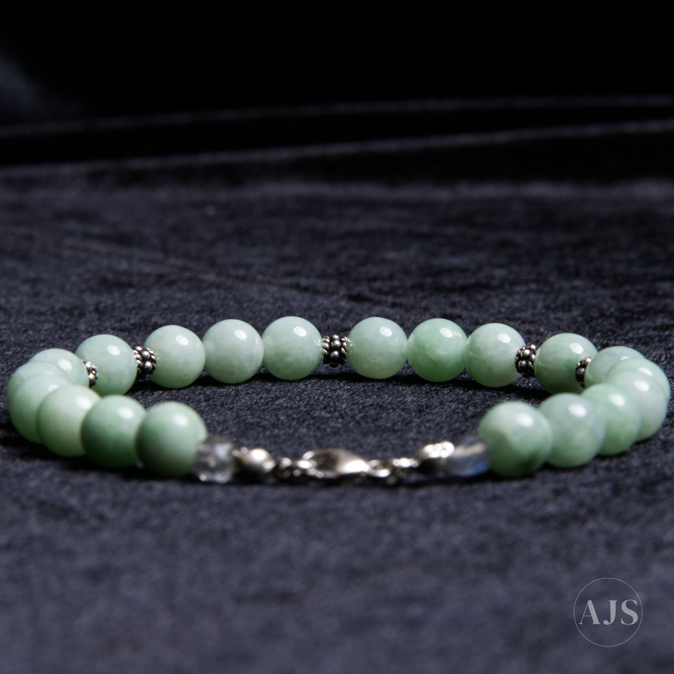 Type A Burmese Jadeite Bracelet – Mint Green 7.7mm with Sterling Silver & Labradorite - Image 4