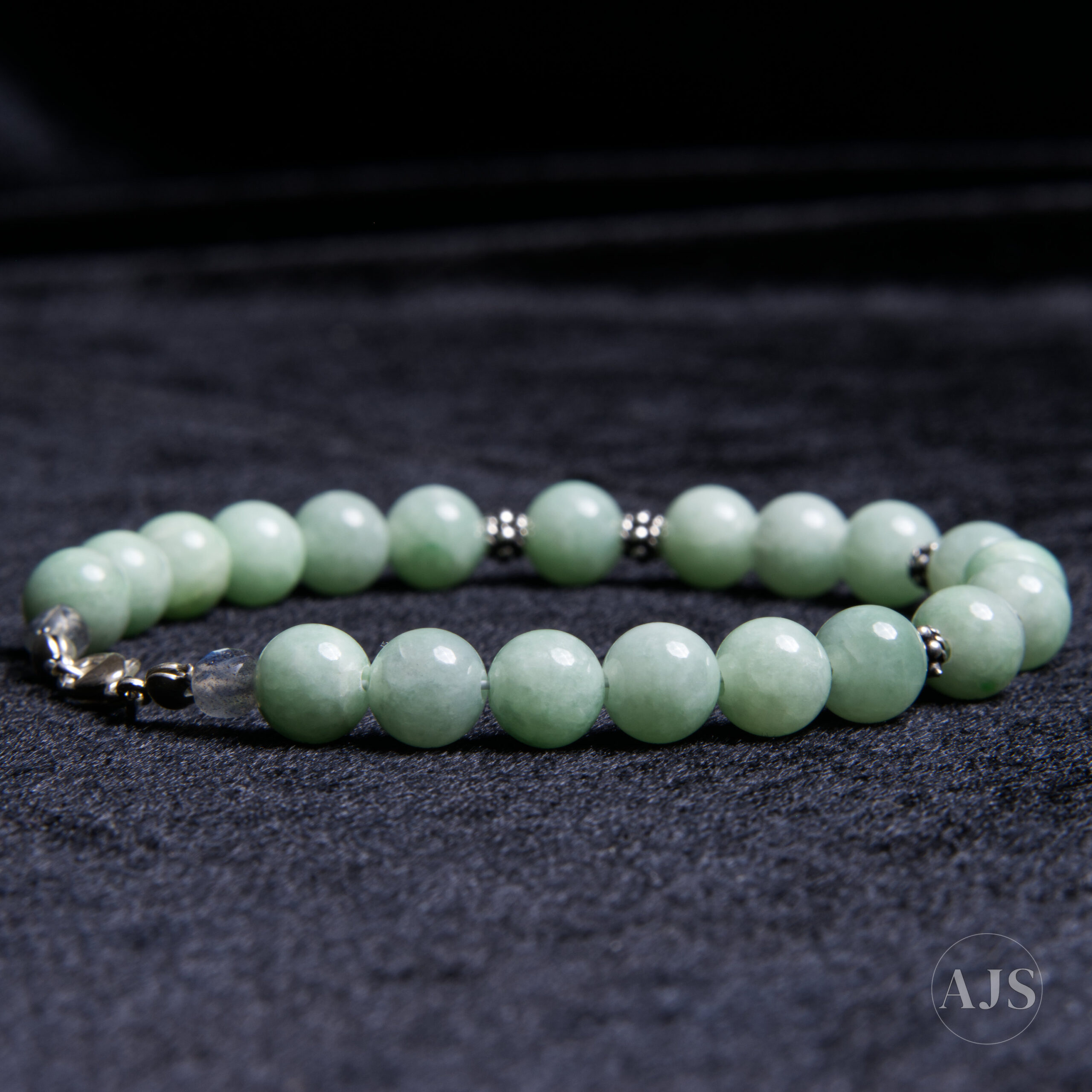 Type A Burmese Jadeite Bracelet – Mint Green 7.7mm with Sterling Silver & Labradorite - Image 5