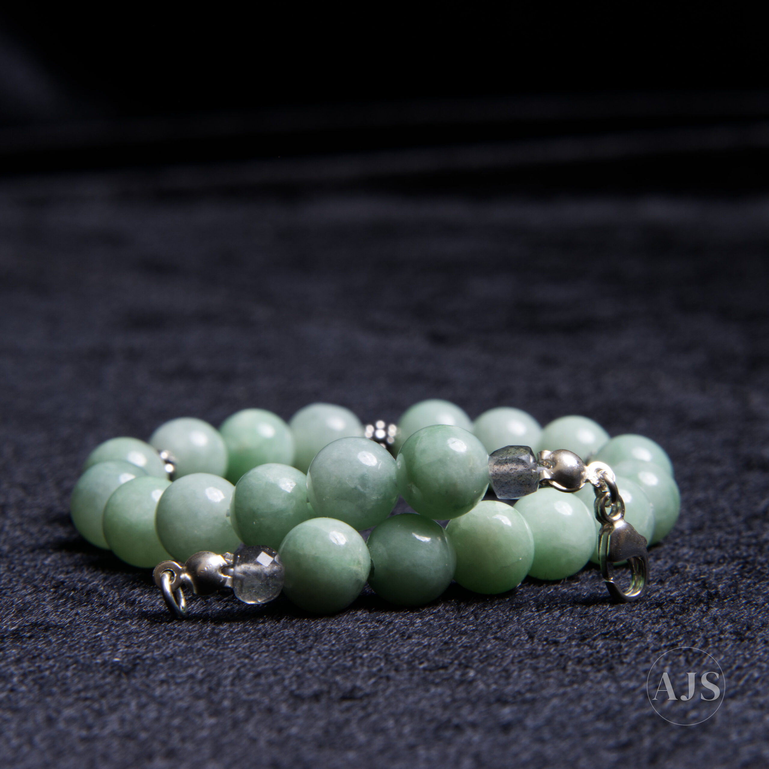 Type A Burmese Jadeite Bracelet – Mint Green 7.7mm with Sterling Silver & Labradorite - Image 7