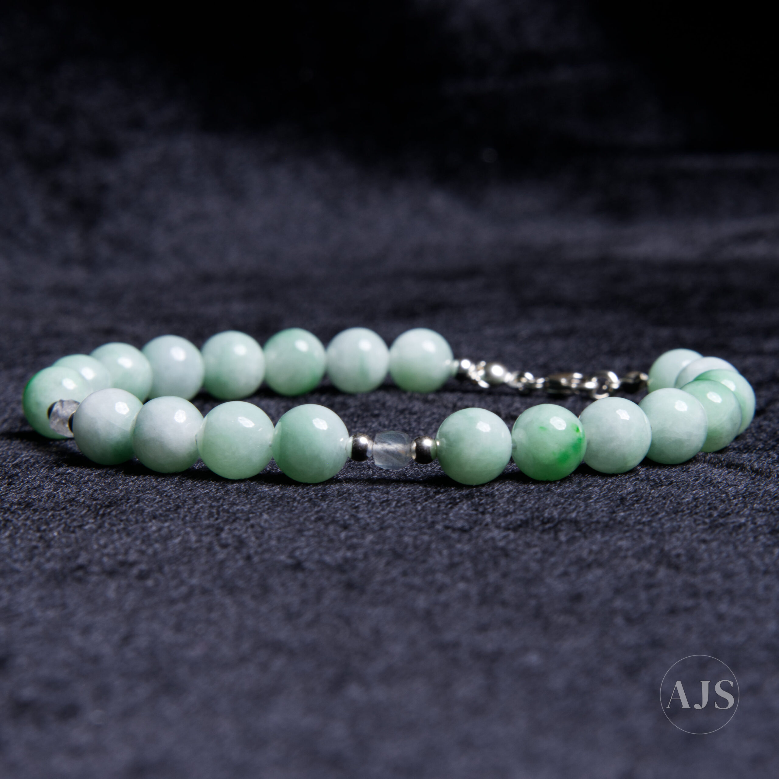 Type A Burmese Jadeite Bracelet – Pale Green 8mm Jade with Labradorite - Image 2