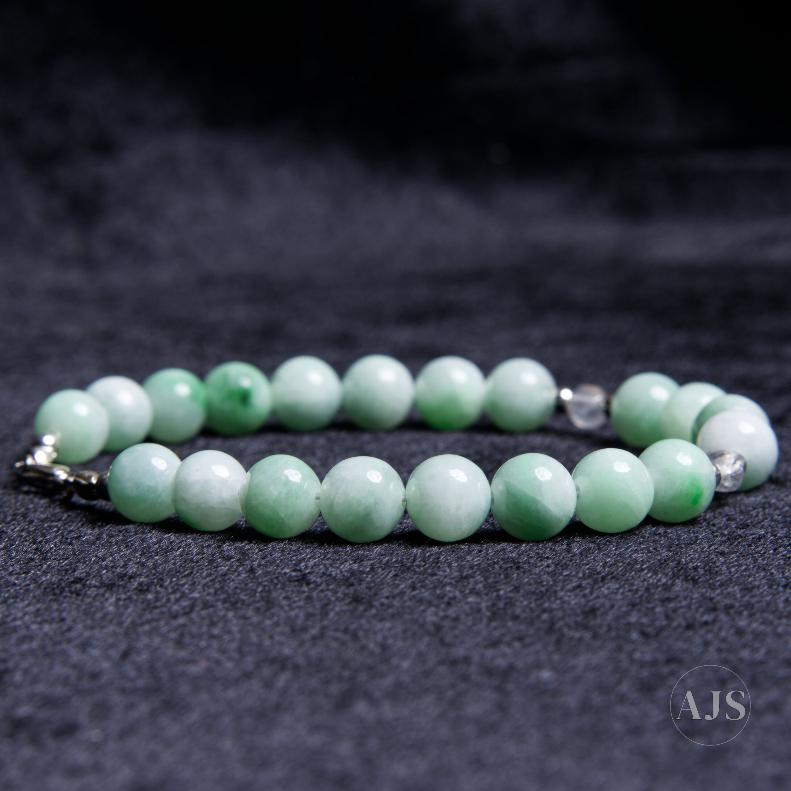 Type A Burmese Jadeite Bracelet – Pale Green 8mm Jade with Labradorite - Image 5