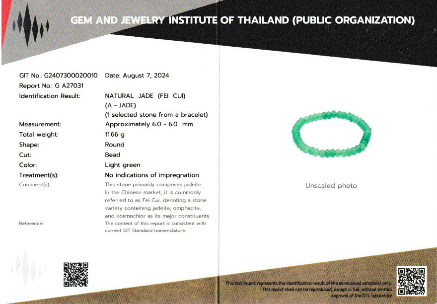 GIT laboratory report for selected bead from Type A Guatemalan jadeite bracelet